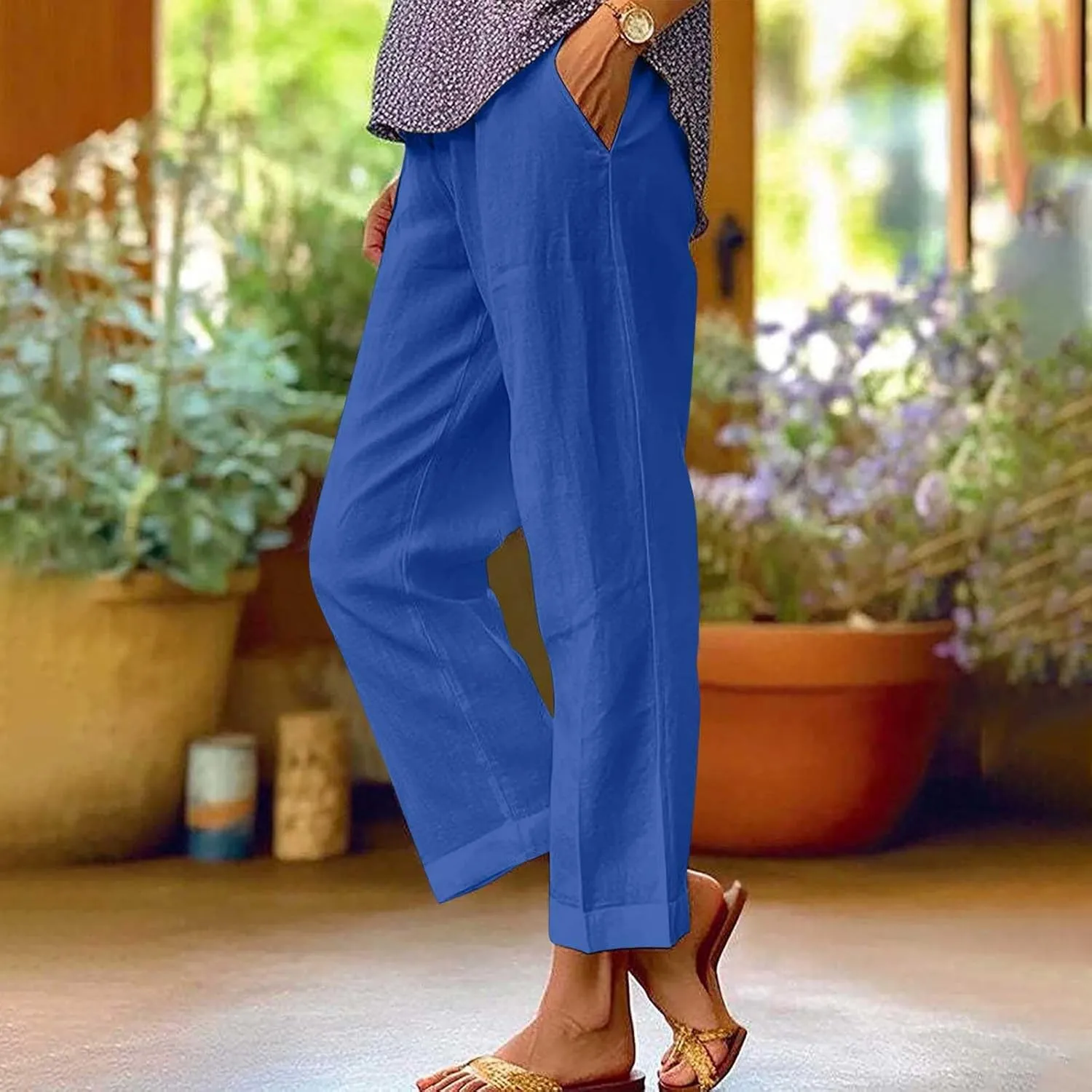 FZYLQY Cotton Linen Pants for Women Summer Elastic Waist Crop Pants Plus Size Straight Leg Slack Casual Trousers with Pocket