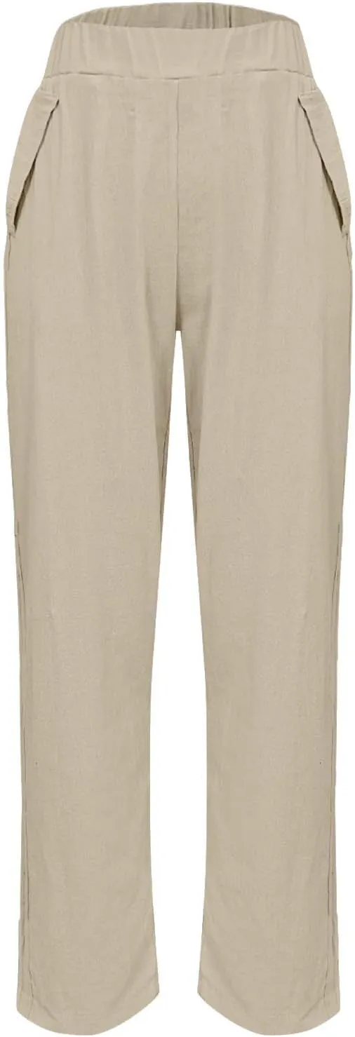 FZYLQY Linen Pants for Women Casual Elastic High Waist Linen Pants Wide Leg Plus Size Lounge Trendy Trousers with Pockets