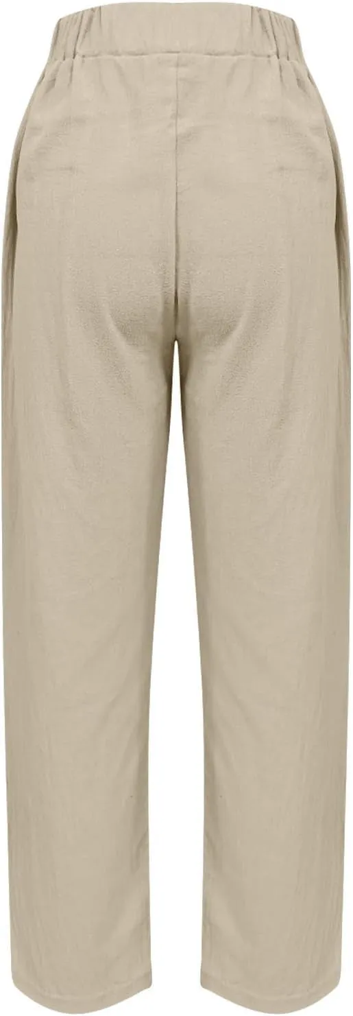 FZYLQY Linen Pants for Women Casual Elastic High Waist Linen Pants Wide Leg Plus Size Lounge Trendy Trousers with Pockets