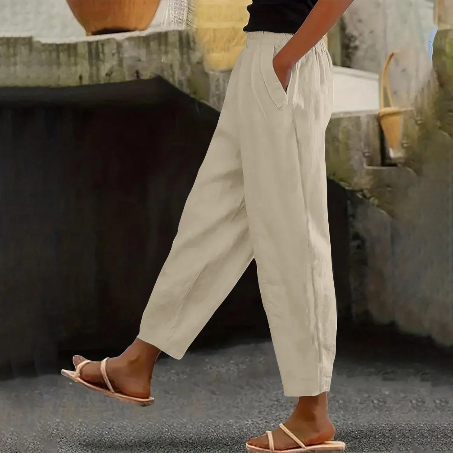 FZYLQY Linen Pants for Women Casual Elastic High Waist Linen Pants Wide Leg Plus Size Lounge Trendy Trousers with Pockets