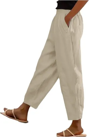 FZYLQY Linen Pants for Women Casual Elastic High Waist Linen Pants Wide Leg Plus Size Lounge Trendy Trousers with Pockets