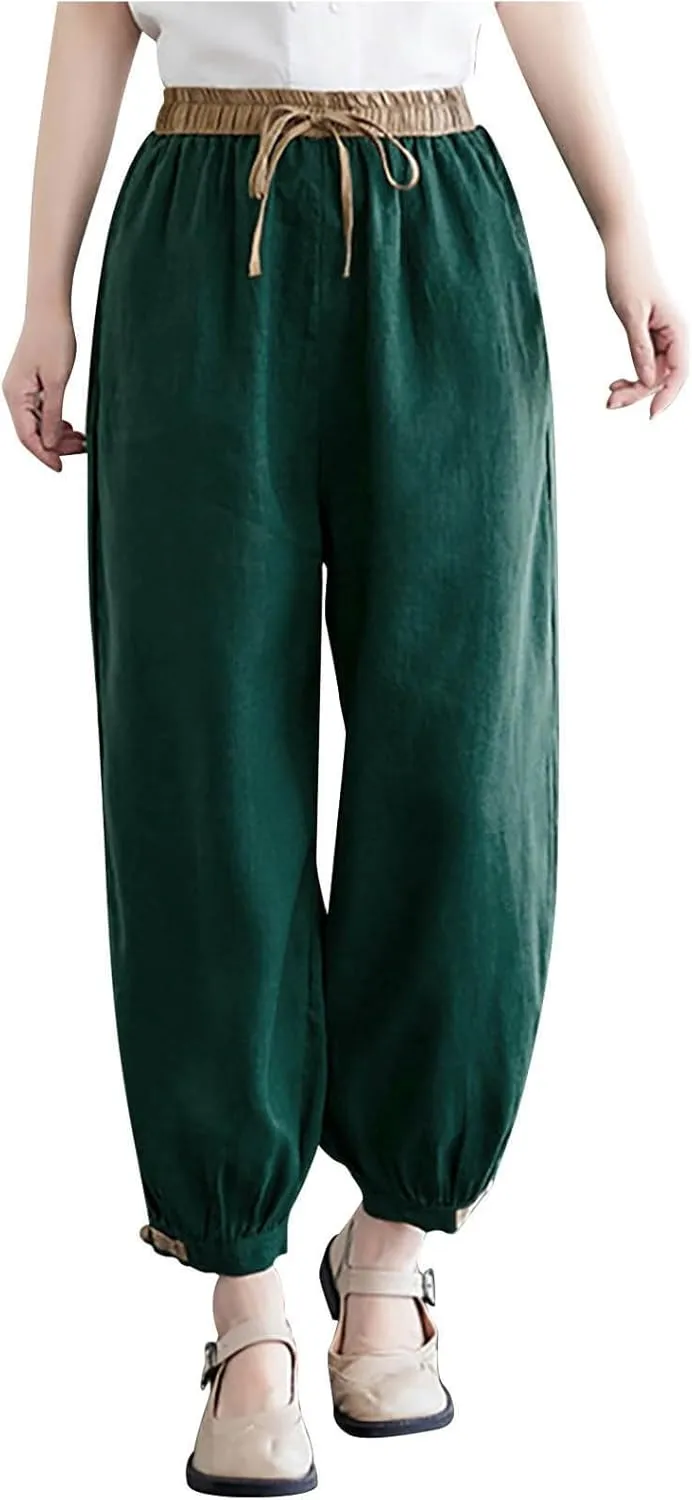 FZYLQY Linen Pants for Women Summer 2025 Casual Elastic Waist Trousers Relax Fit Comfy Palazzo Wide Leg Pants Sweatpants