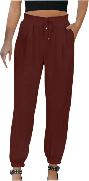 FZYLQY Womens 2025 Summer Casual Pants Drawstring Elastic High Waisted Work Trousers Joggers Trendy Harem Pants with Pockets