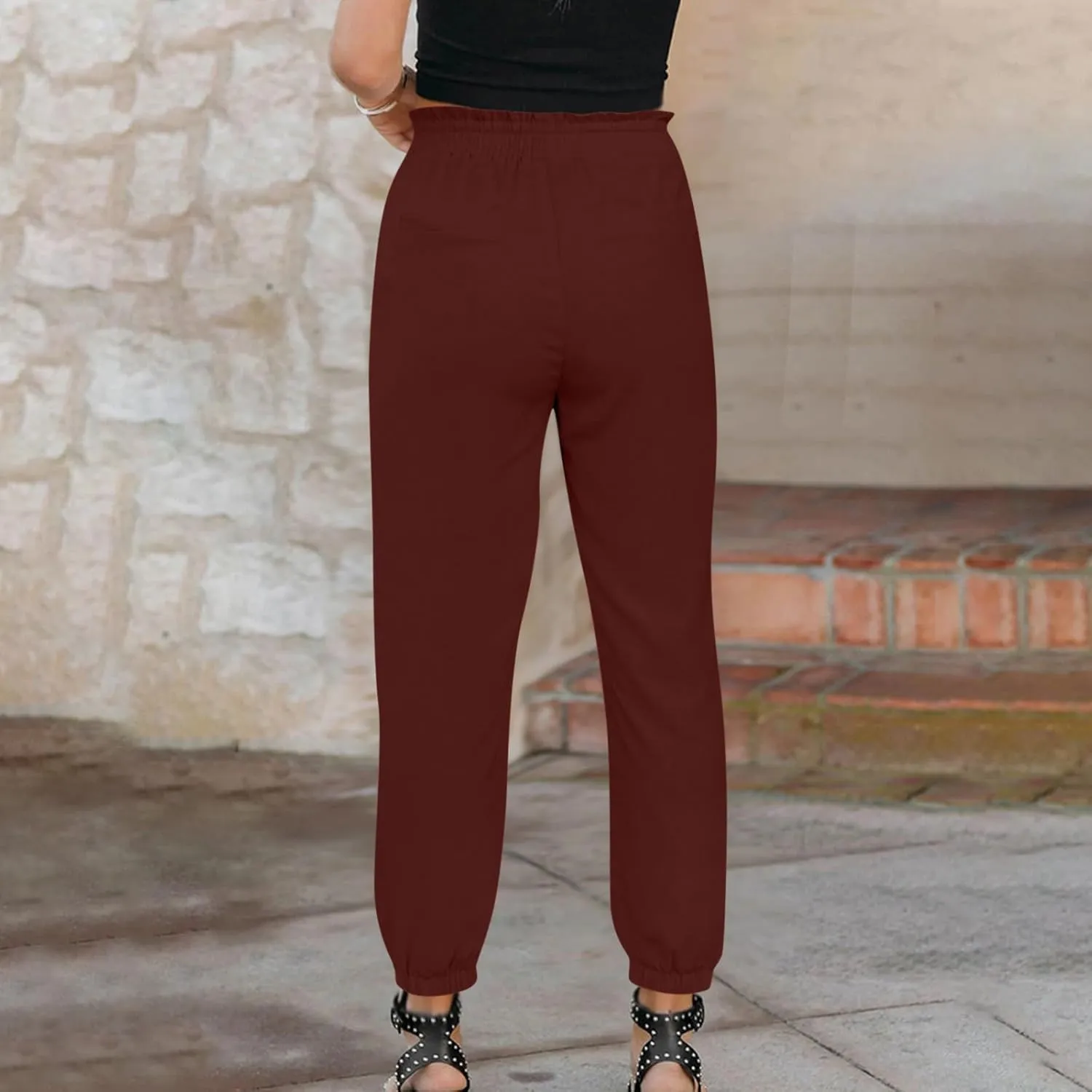 FZYLQY Womens 2025 Summer Casual Pants Drawstring Elastic High Waisted Work Trousers Joggers Trendy Harem Pants with Pockets