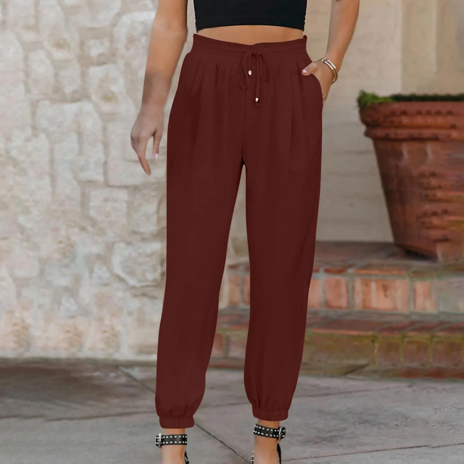 FZYLQY Womens 2025 Summer Casual Pants Drawstring Elastic High Waisted Work Trousers Joggers Trendy Harem Pants with Pockets