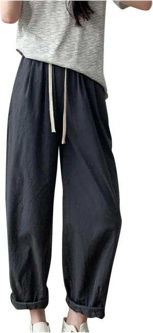 FZYLQY Women's Cotton Linen Pants Casual Baggy Harem Pants Loose Fit High Waisted Beach Drawstring Palazzo Trousers Pockets