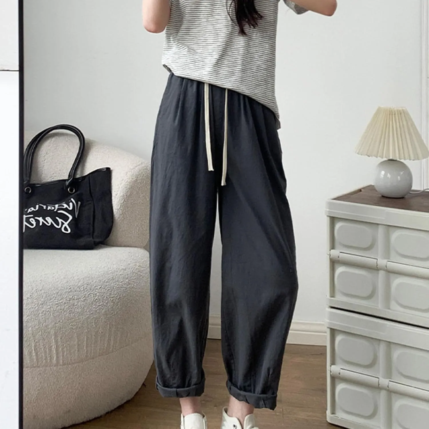 FZYLQY Women's Cotton Linen Pants Casual Baggy Harem Pants Loose Fit High Waisted Beach Drawstring Palazzo Trousers Pockets