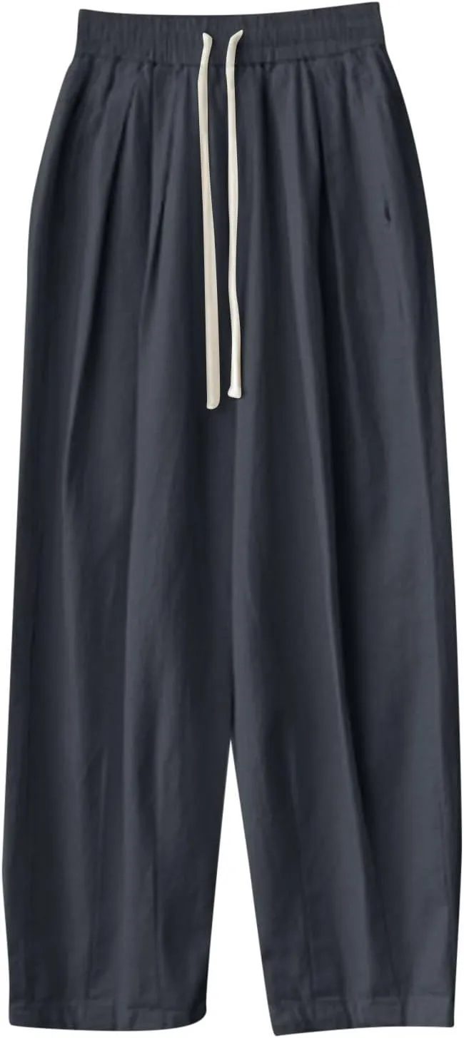 FZYLQY Women's Cotton Linen Pants Casual Baggy Harem Pants Loose Fit High Waisted Beach Drawstring Palazzo Trousers Pockets
