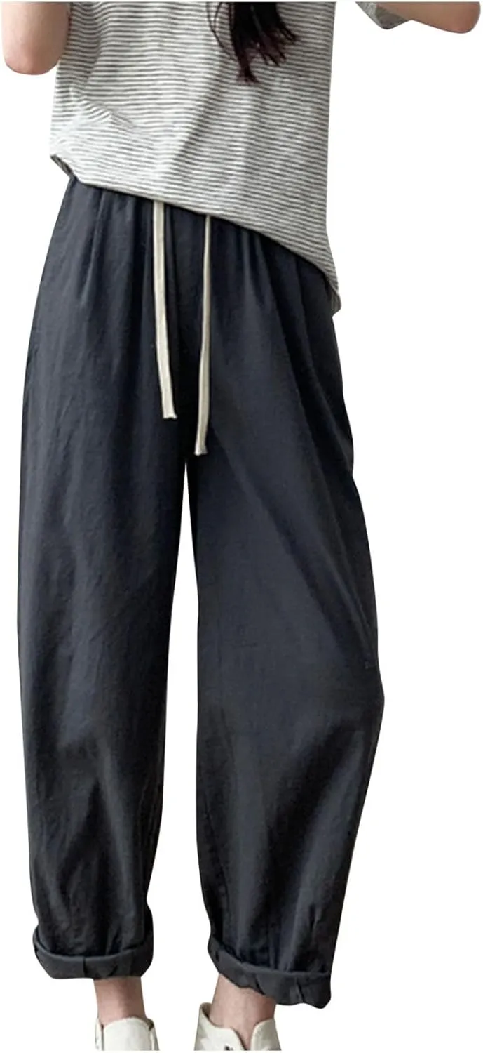 FZYLQY Women's Cotton Linen Pants Casual Baggy Harem Pants Loose Fit High Waisted Beach Drawstring Palazzo Trousers Pockets
