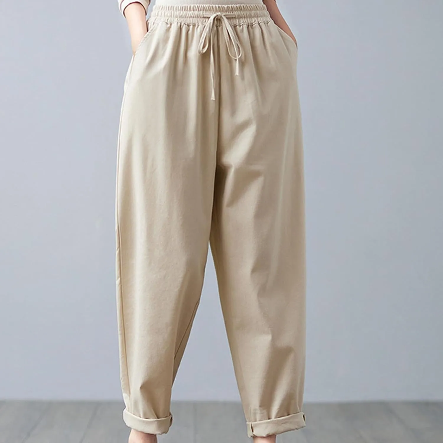 FZYLQY Women's Straight Leg Pants Solid Color Elastic Waist Drawstring Casual Trousers 2025 Summer Linen Pants with Pockets