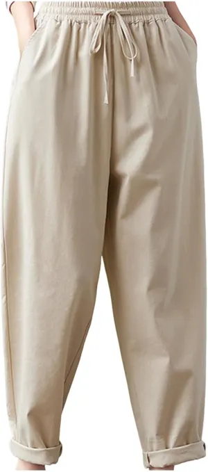 FZYLQY Women's Straight Leg Pants Solid Color Elastic Waist Drawstring Casual Trousers 2025 Summer Linen Pants with Pockets