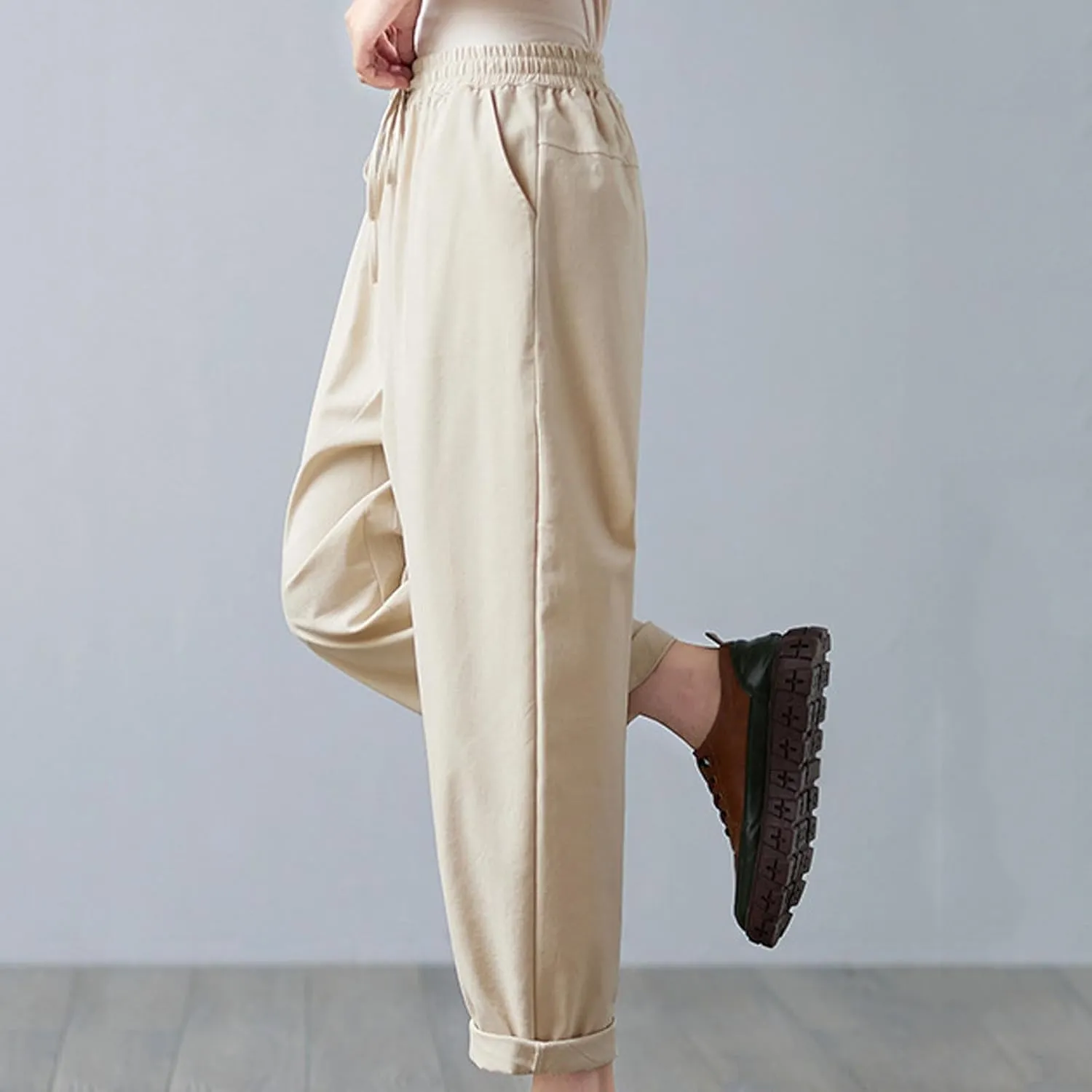 FZYLQY Women's Straight Leg Pants Solid Color Elastic Waist Drawstring Casual Trousers 2025 Summer Linen Pants with Pockets