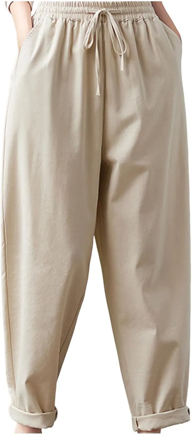 FZYLQY Women's Straight Leg Pants Solid Color Elastic Waist Drawstring Casual Trousers 2025 Summer Linen Pants with Pockets