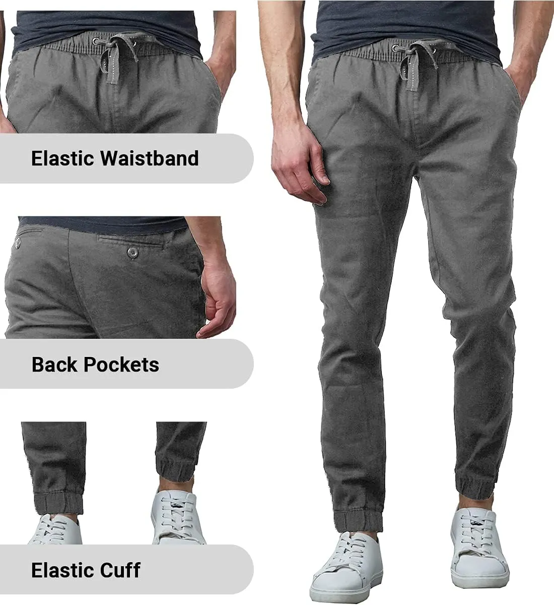 Galaxy by Harvic Men's Basic Stretch Twill Joggers Chinos Hiking Drawstring