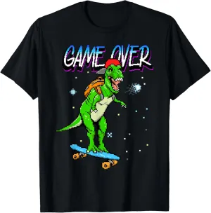 Game Over Pixelated Dinosaur On Skateboard Graphic T-Shirt T-Shirt