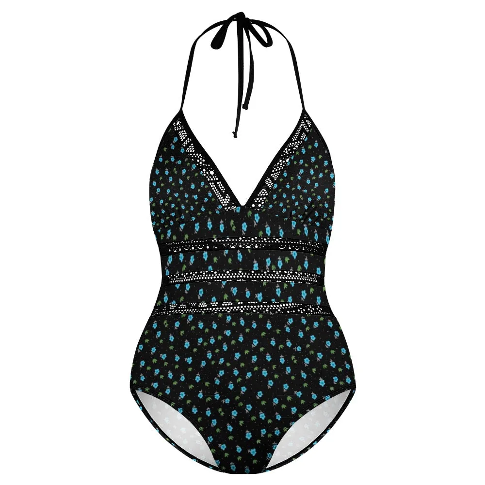 Geometric Dark Blue Plus size One-piece bikini swimsuit. Pattern hand-painted.