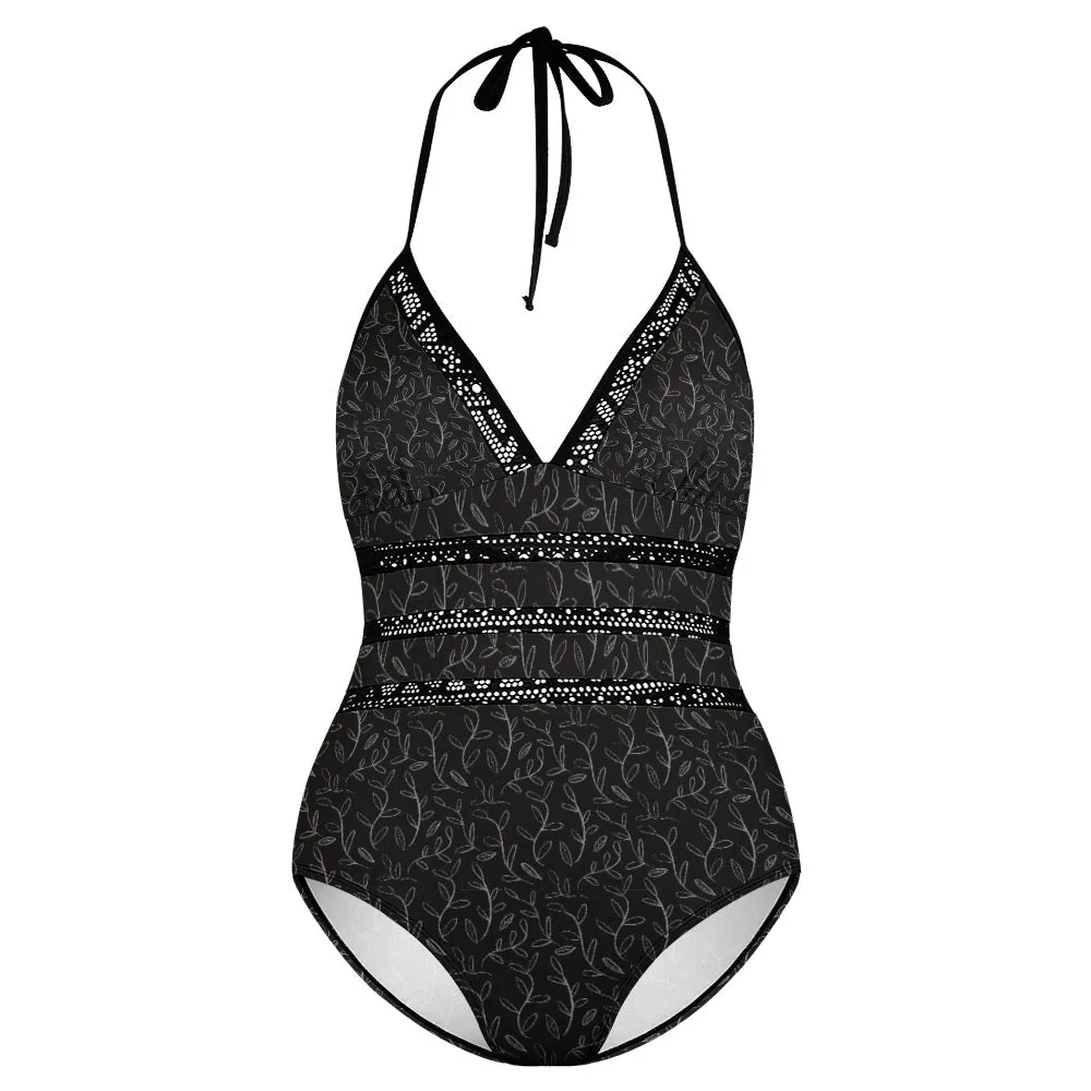 Geometric Dark Blue Plus size One-piece bikini swimsuit. Pattern hand-painted.