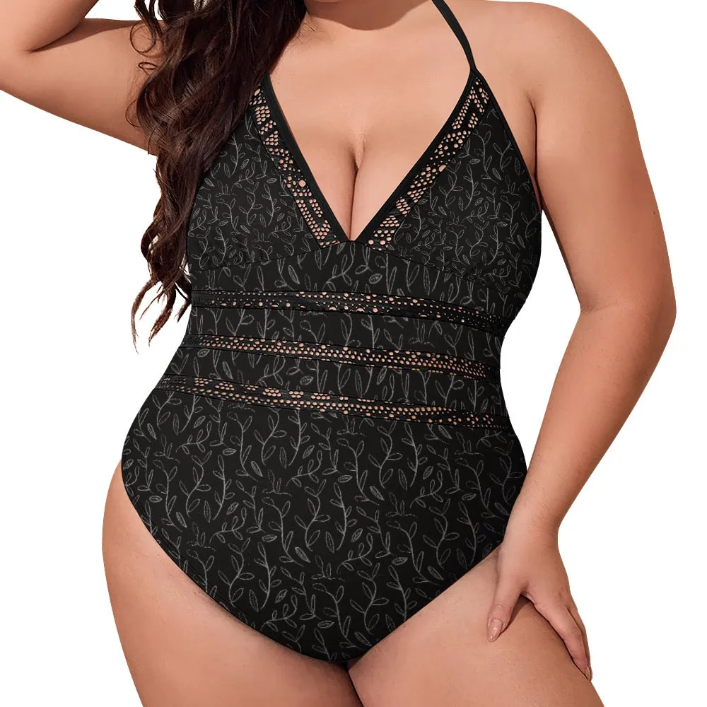 Geometric Dark Blue Plus size One-piece bikini swimsuit. Pattern hand-painted.