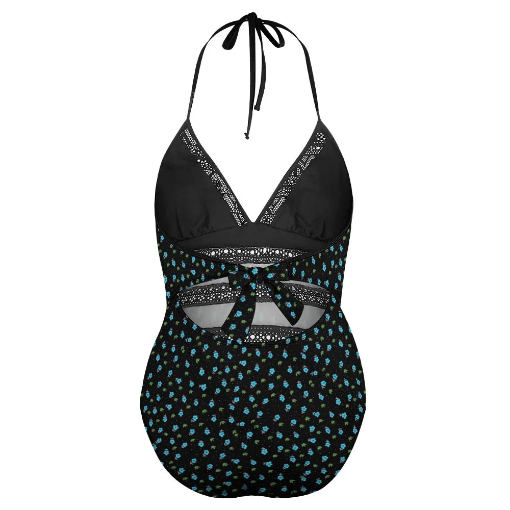 Geometric Dark Blue Plus size One-piece bikini swimsuit. Pattern hand-painted.