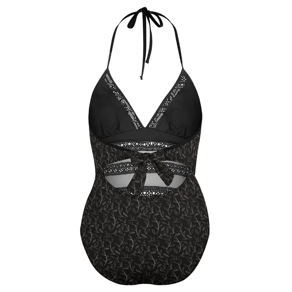 Geometric Dark Blue Plus size One-piece bikini swimsuit. Pattern hand-painted.