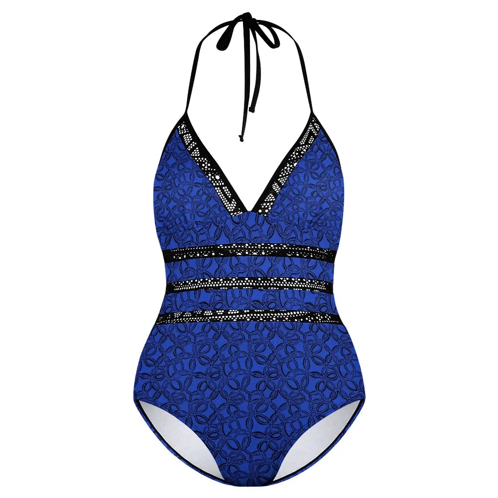 Geometric Dark Blue Plus size One-piece bikini swimsuit. Pattern hand-painted.