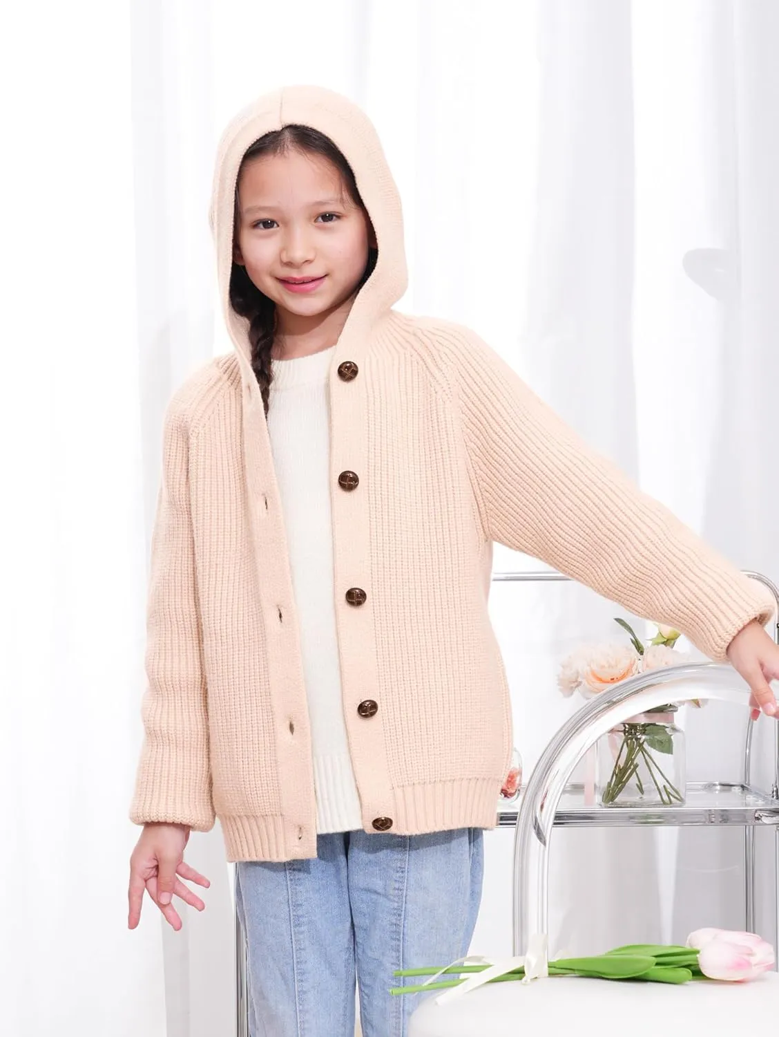 Girls Hooded Cardigan for Kids 4-12 Years, Oversized Long Sleeve Button-Up Knit Sweater, Cozy Indoor & Outdoor Wear