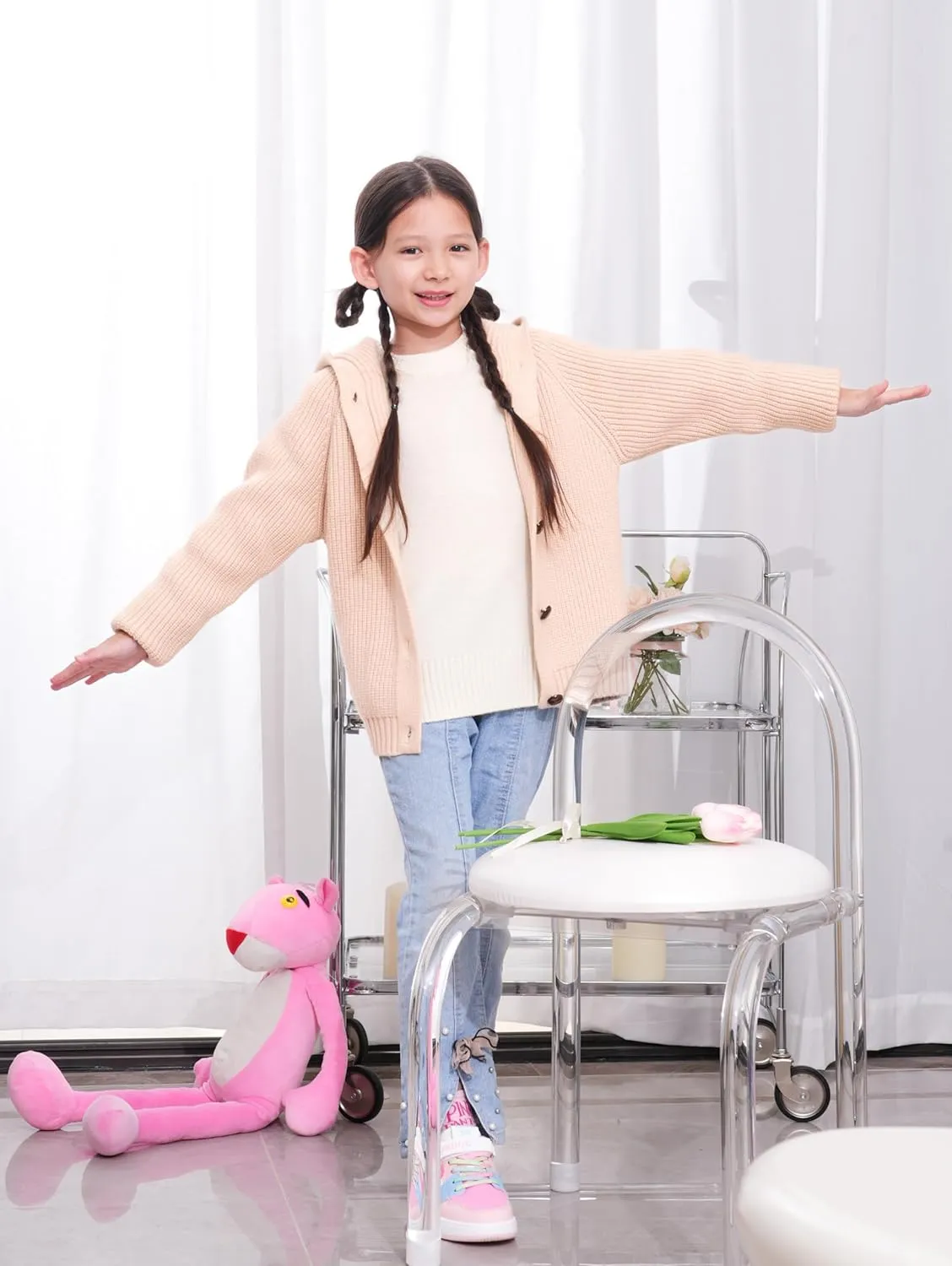 Girls Hooded Cardigan for Kids 4-12 Years, Oversized Long Sleeve Button-Up Knit Sweater, Cozy Indoor & Outdoor Wear