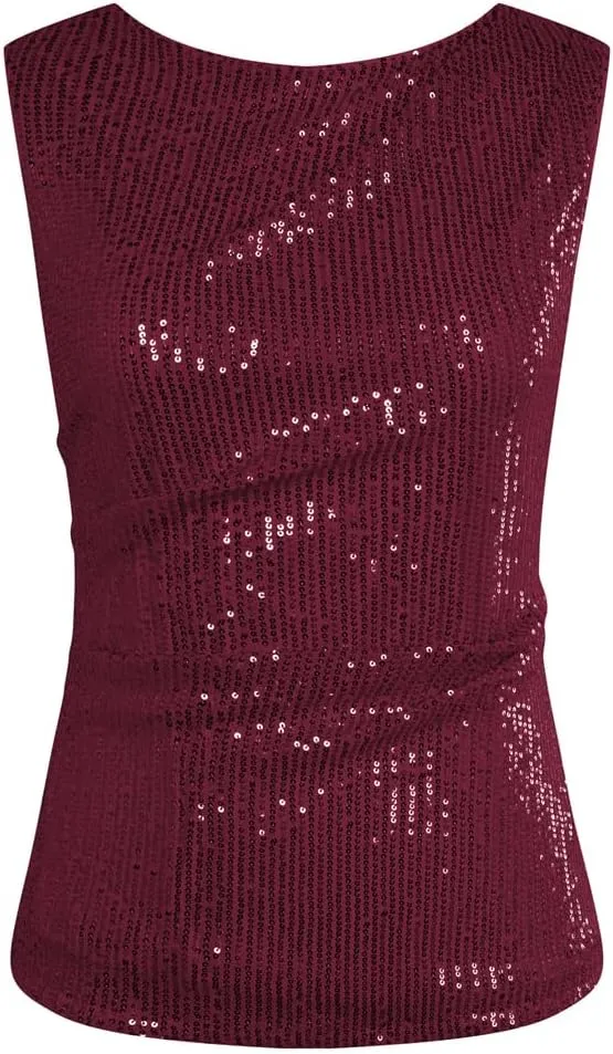 GRACE KARIN Womens Tank Tops Crew Neck Sleeveless Sequin Top Backless Sparkle Shimmer Party Glitter Shirts
