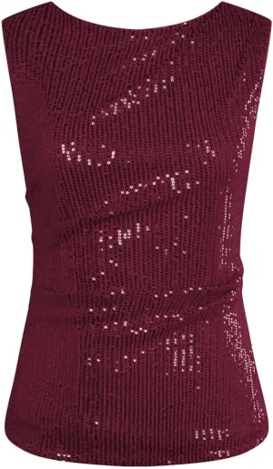 GRACE KARIN Womens Tank Tops Crew Neck Sleeveless Sequin Top Backless Sparkle Shimmer Party Glitter Shirts