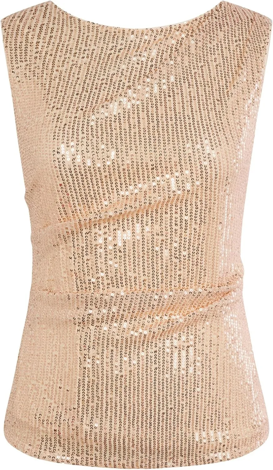 GRACE KARIN Womens Tank Tops Crew Neck Sleeveless Sequin Top Backless Sparkle Shimmer Party Glitter Shirts