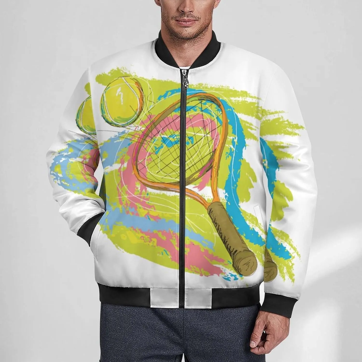 Graffiti Tennis Racket Men's Bomber Jacket Lightweight Windbreaker Fashion Spring Fall Coats Casual Jackets for Men