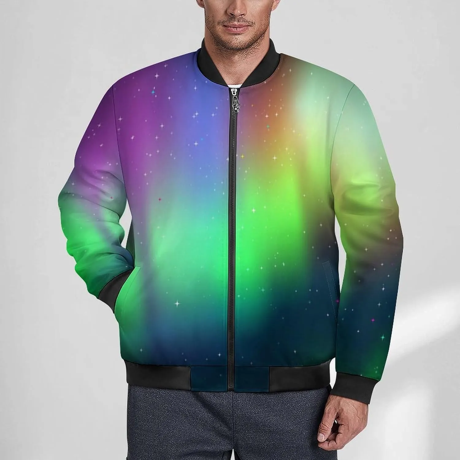 Green Aurora Men's Bomber Jacket Lightweight Windbreaker Fashion Spring Fall Coats Casual Jackets for Men