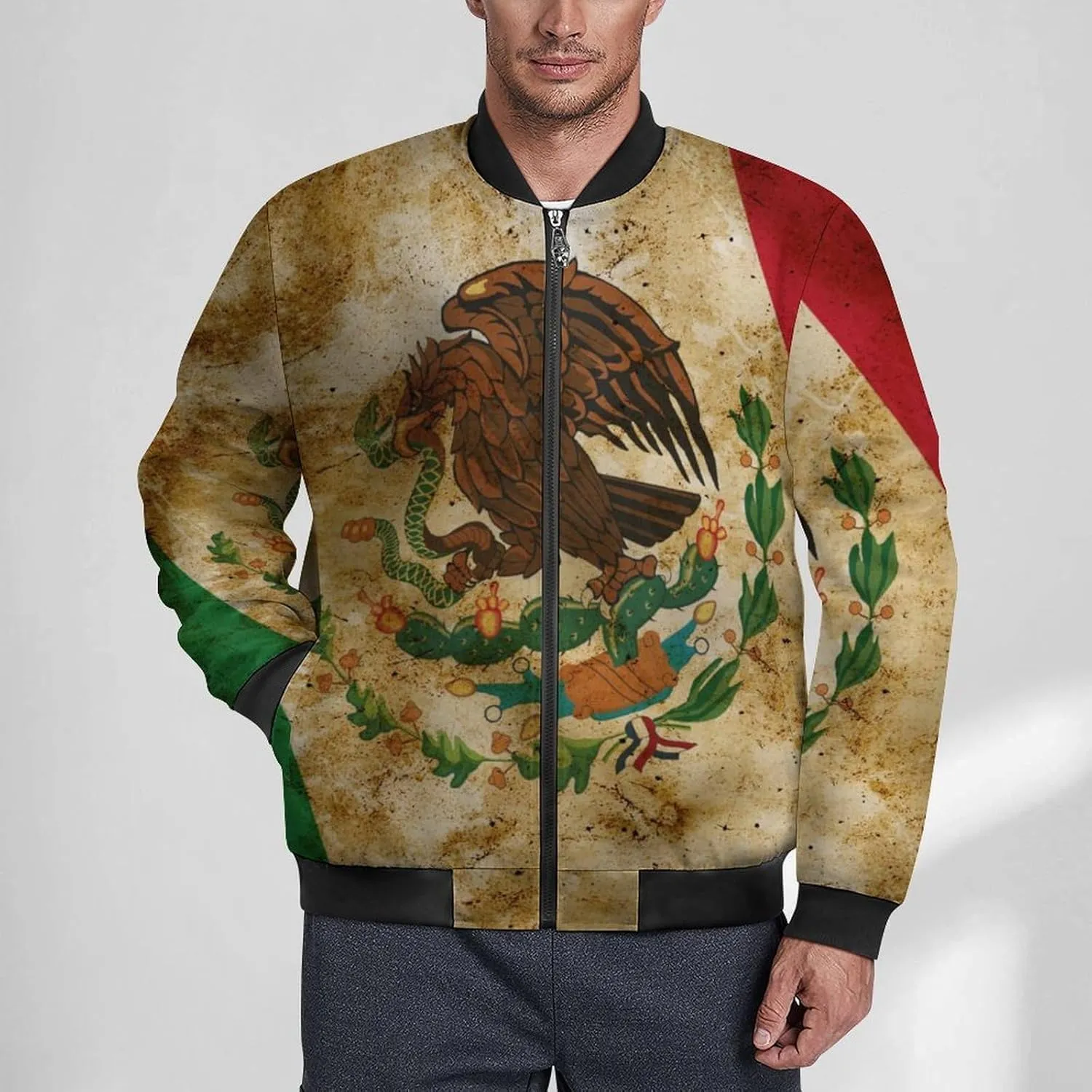 Grunge Flag of Mexico Men's Bomber Jacket Lightweight Windbreaker Fashion Spring Fall Coats Casual Jackets for Men
