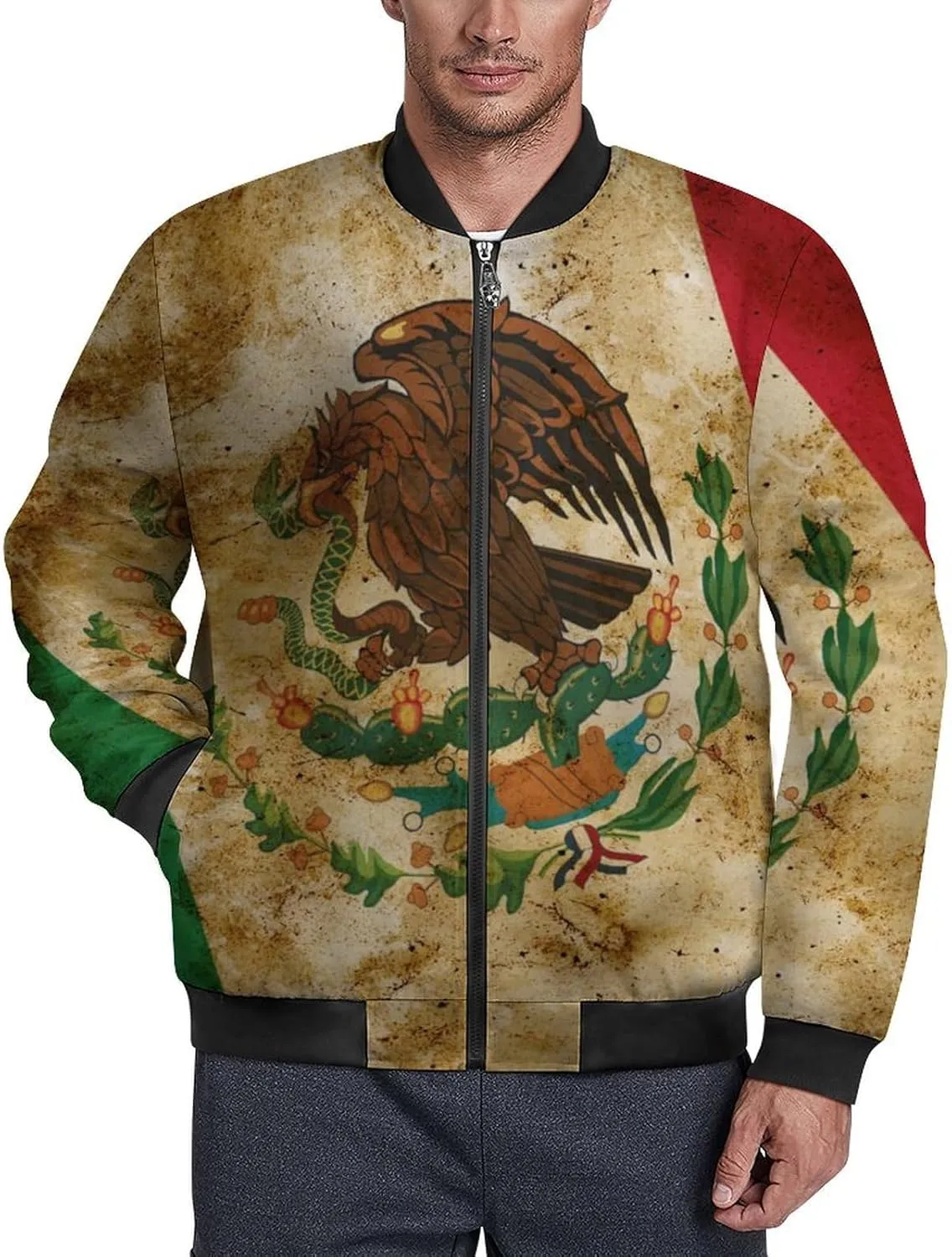 Grunge Flag of Mexico Men's Bomber Jacket Lightweight Windbreaker Fashion Spring Fall Coats Casual Jackets for Men