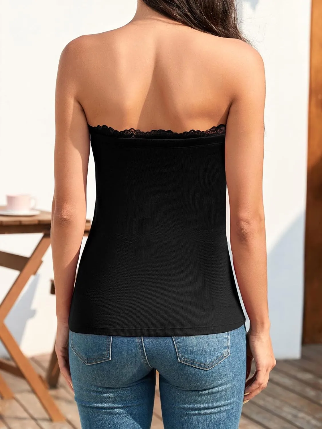 H HIAMIGOS 2 Pack Strapless Tube Tops for Women Lace Bandeau Top Long Ribbed Full Length Top No Bra