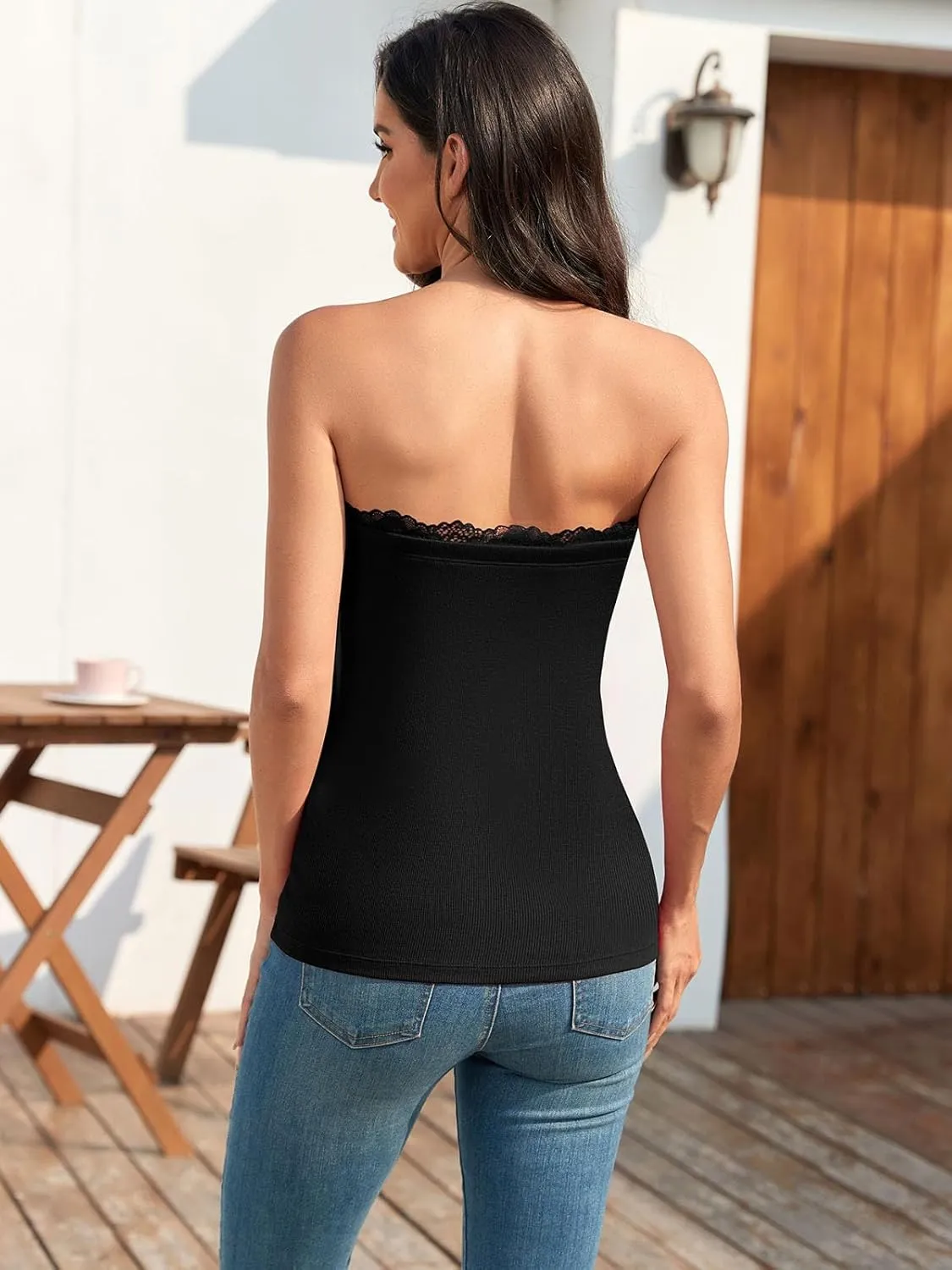 H HIAMIGOS 2 Pack Strapless Tube Tops for Women Lace Bandeau Top Long Ribbed Full Length Top No Bra
