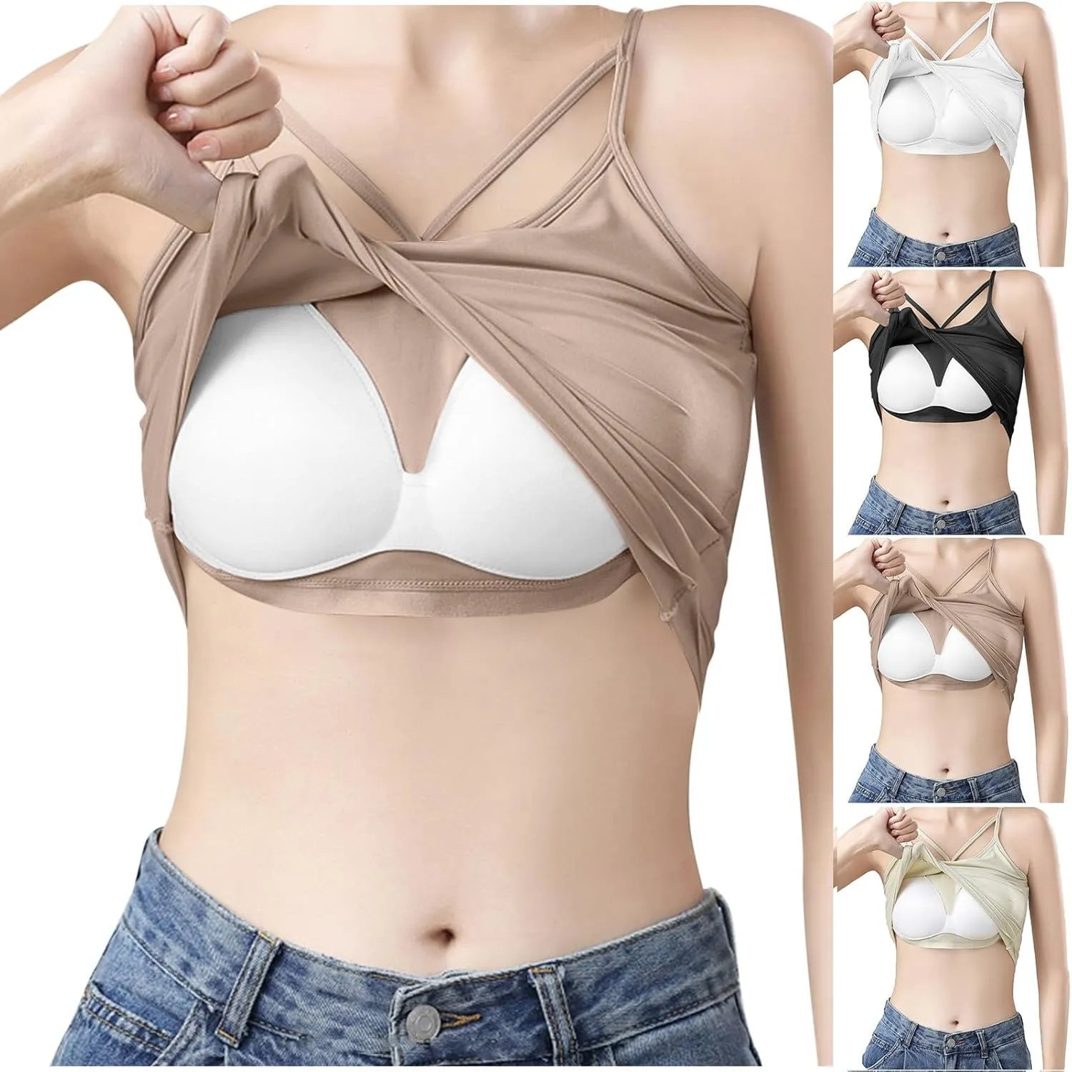 HGps8w Plus Size Self Bra Tank Tops for Women Sexy Strappy Spaghetti Strap Sleeveless Camisole 2025 Summer Going Out Blouse