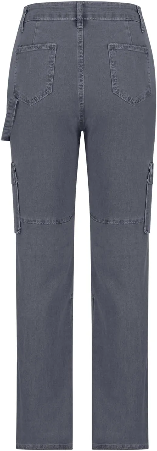 High Waisted Cargo Pants for Women Casual Baggy Cargo Jeans Straight Wide Leg Trousers Stretchy Pants with Pockets