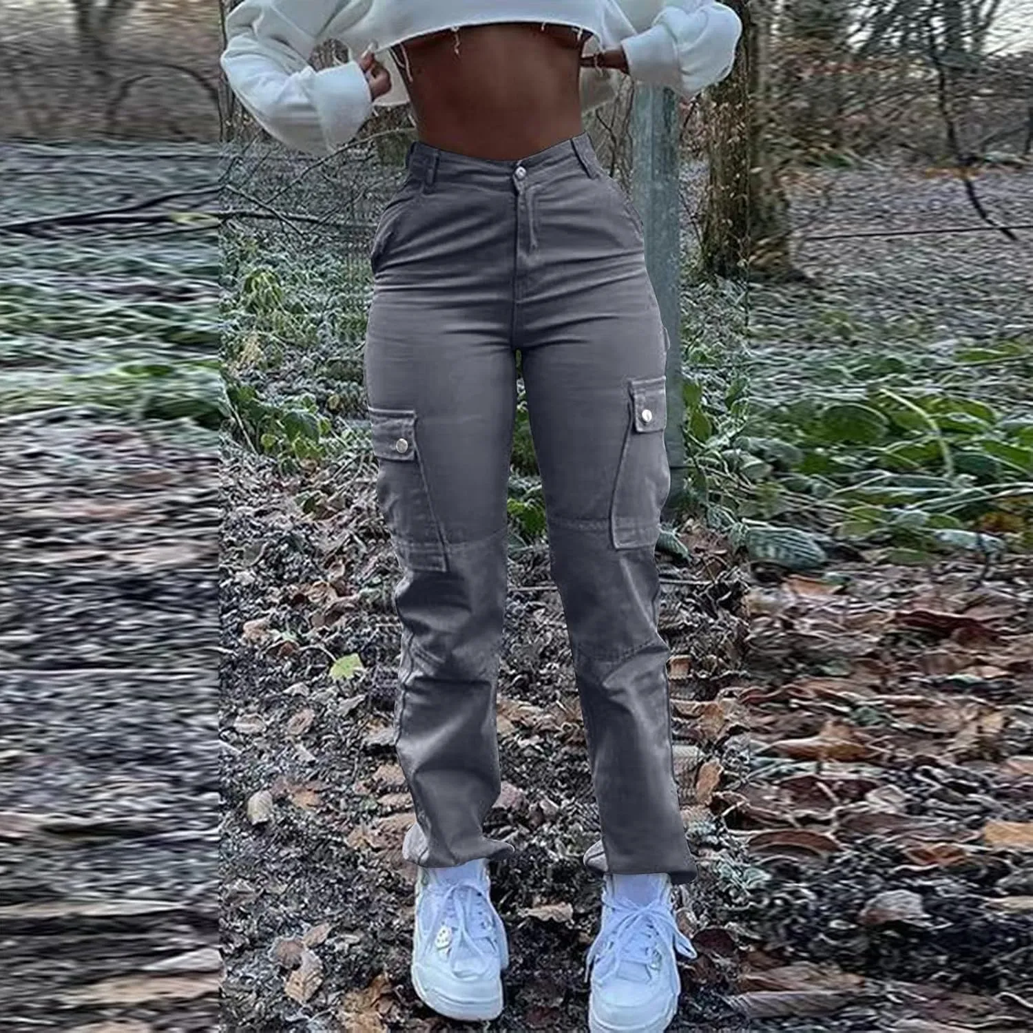 High Waisted Cargo Pants for Women Casual Baggy Cargo Jeans Straight Wide Leg Trousers Stretchy Pants with Pockets
