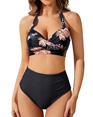 High Waisted Tummy Control Bikini Swimsuits Retro Halter Twist Front Swimwear