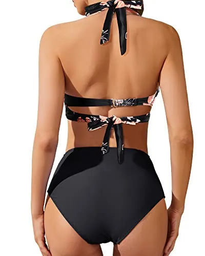 High Waisted Tummy Control Bikini Swimsuits Retro Halter Twist Front Swimwear