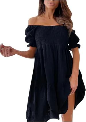 hlysgo Mini Dress for Women Cute Off Shoulder Short Sleeve Smocked Dresses Summer Casual Loose Fit A-Line Flowy Beach Dress