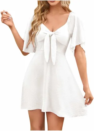 hlysgo Summer Dress for Women 2025 Trendy A-Line Flowy Mini Dress Casual Loose Fit Short Sleeve V Neck Going Out Dresses