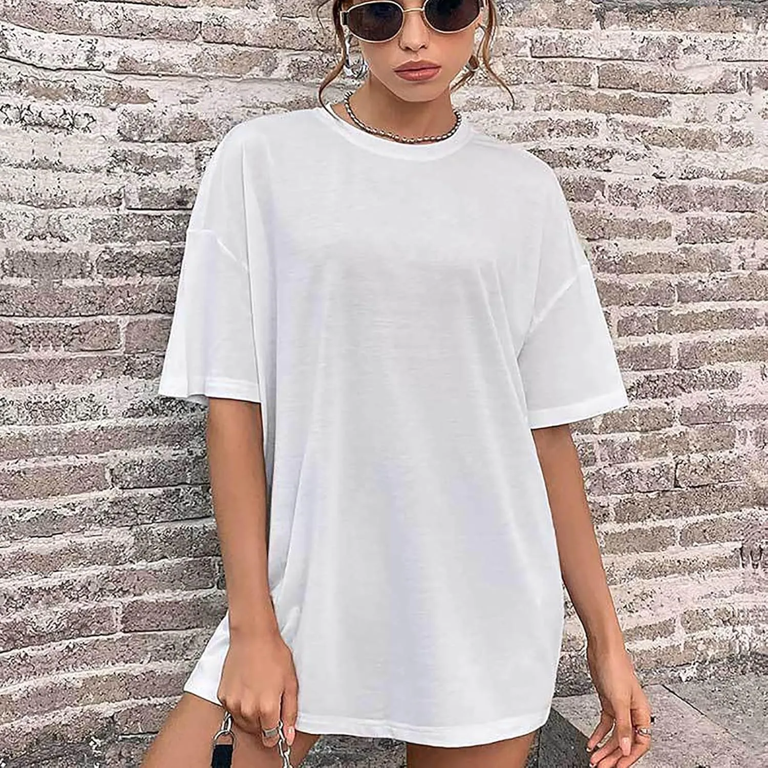 hlysgo Summer Mini Dress for Women Casual Loose Fit Short Sleeve Crew Neck T-Shirt Dresses Trendy Ladies Short Tunic Dress
