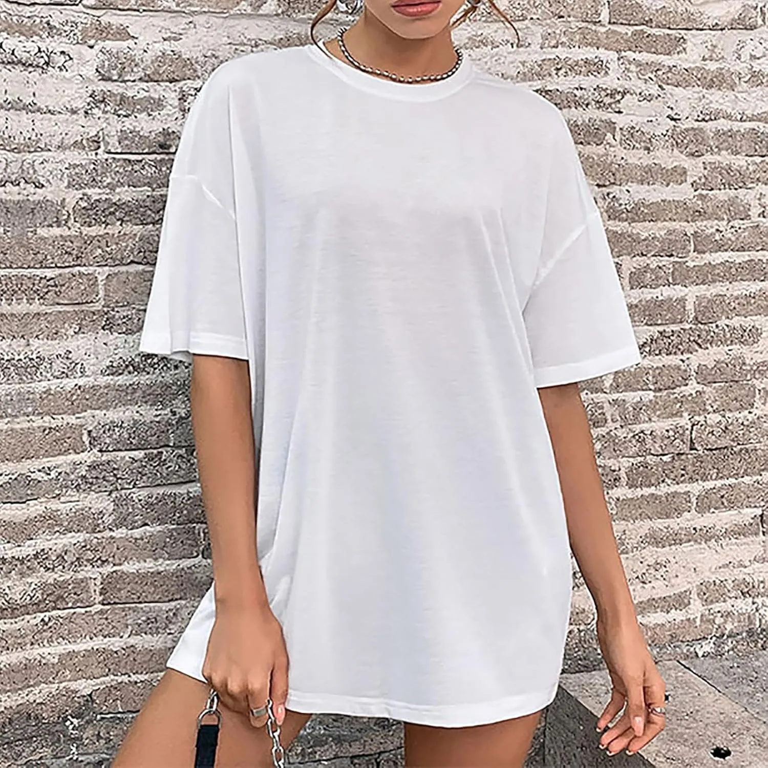 hlysgo Summer Mini Dress for Women Casual Loose Fit Short Sleeve Crew Neck T-Shirt Dresses Trendy Ladies Short Tunic Dress