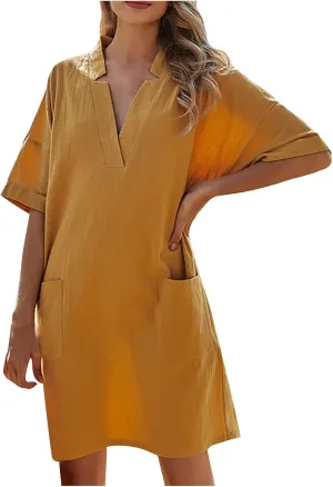 hlysgo Tshirt Dress for Women 2025 Vacation Short Sleeve V Neck Cotton Linen Dresses Summer Loose Comfy Casual Mini Dress