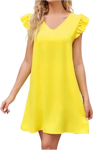 hlysgo Women Dress Trendy Summer Frill Sleeve V Neck Mini Dress Casual Loose Fit Knee Length Going Out Dresses for Teen Girl