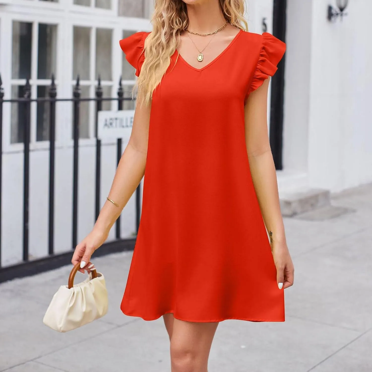 hlysgo Women Dress Trendy Summer Frill Sleeve V Neck Mini Dress Casual Loose Fit Knee Length Going Out Dresses for Teen Girl