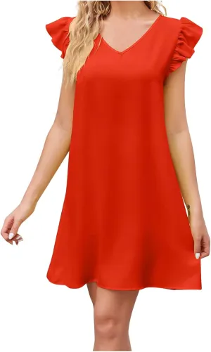 hlysgo Women Dress Trendy Summer Frill Sleeve V Neck Mini Dress Casual Loose Fit Knee Length Going Out Dresses for Teen Girl