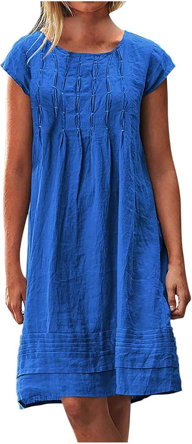 hlysgo Womens Casual Dresses 2025 Summer Loose Comfy Cotton Linen Pleated Dress Solid Short Sleeve Crew Neck Mini Dress